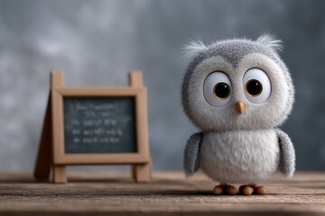 Cute fluffy owl toy with blackboard on wooden table