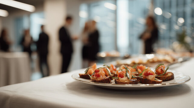 Elegant canapes served at sophisticated corporate event with blurred guests in background. Gourmet appetizers are beautifully arranged on plate, ready to be enjoyed by attendees at business gathering
