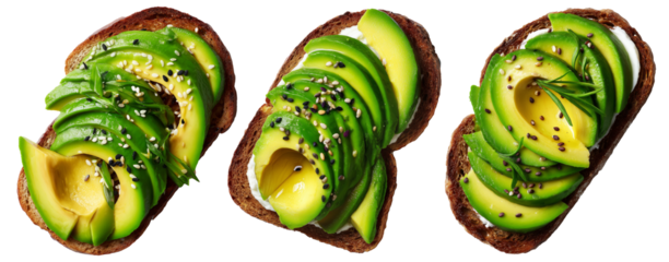 California avocado toast topped with ripe avocado slices, boiled egg, sesame seeds, herbs and sauce, isolated on white background