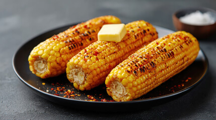 Delicious grilled corn on the cob with butter and spices served on a black plate. Three ears of perfectly grilled corn on cob are seasoned with spices topped with pat of butter, ready to be enjoyed