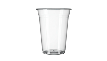 A tall, clear plastic cup with a lid on a black background