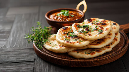 Delicious Indian naan bread served with rich curry fresh herbs on wooden board. Shot of freshly baked naan bread, garnished with herbs, presented alongside flavorful Indian curry in traditional bowl