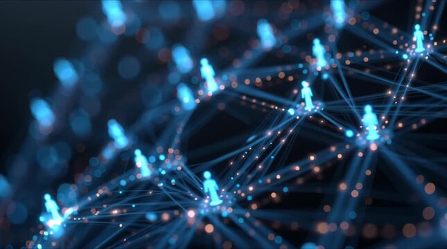 Illuminated futuristic network graph glowing human icons connected dynamic light strands, AI-driven recruitment intelligence. Individual nodes activate data pulses, skill highlights compatibility sign