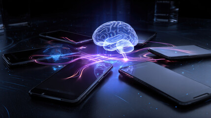 Digital brain connected to multiple smartphones, symbolizing AI technology's influence. Glowing digital brain is interconnected with several smartphones, pervasive reach of artificial intelligence