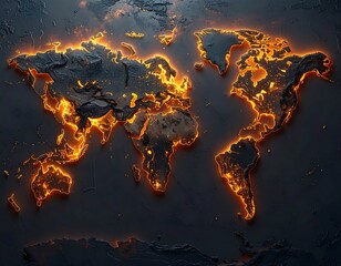 Illuminated world map highlighting landmasses with bright orange lights