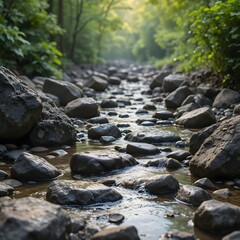 Obraz premium A serene forest stream flowing over rocks amidst lush greenery woodland creek rural nature 