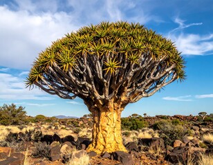 Large aloe-like desert tree with a vibrant crown, blue sky backdrop