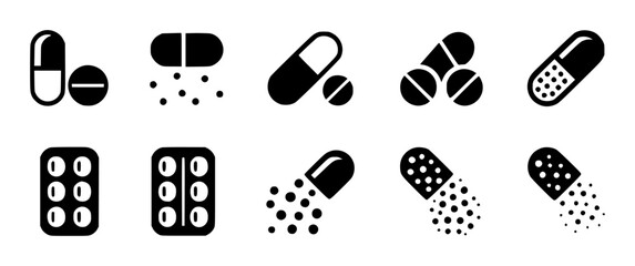 Collection of black medical pill and capsule with various representations medicine health