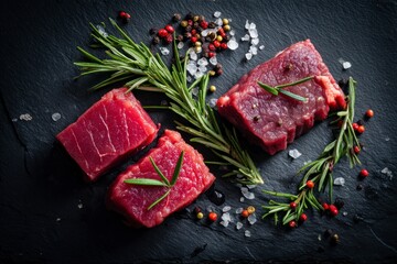 Fresh raw beef with herbs, garlic and spices on black background, concept of carnivore diet, traditional cuisine, natural protein, meat is back