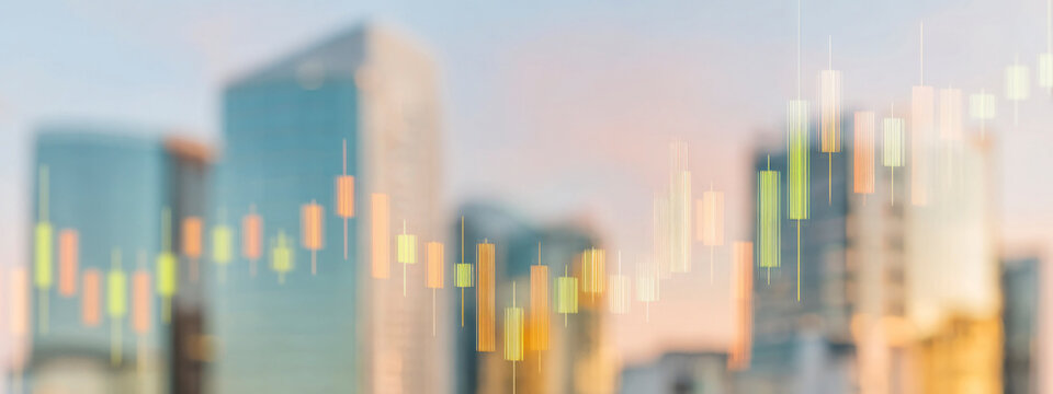 Colorful candlestick chart overlay on blurred city background, representing trading, financial growth, and market data analysis. banner  - Powered by Adobe