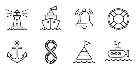 Nautical including lighthouse ship bell anchor rope buoy and submarine © simplevector
