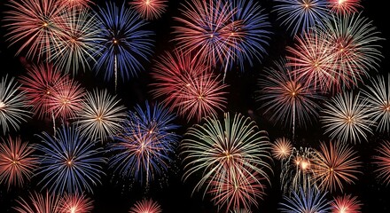 A vibrant display of colorful explosions illuminates a stark black background, showcasing intricate patterns. A celebratory atmosphere