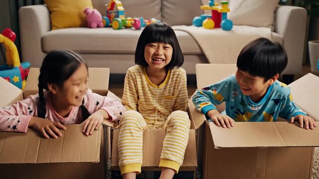 Three cheerful children inside cardboard boxes laughing in an indoor setting