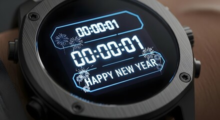 Close up of a modern smartwatch displaying a glowing blue new year countdown timer with fireworks