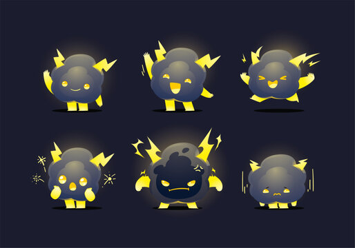 set of cute thunder cloud character mascot collection