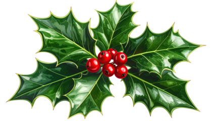 Detailed, glossy depiction of a sprig of holly with red berries