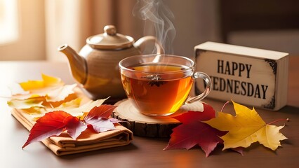 A steaming cup of tea and a teapot placed on a rustic wood slice surrounded by colorful autumn leaves