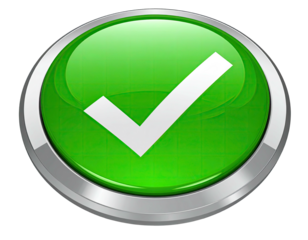 Shiny green button with a white checkmark inside a silver bezel