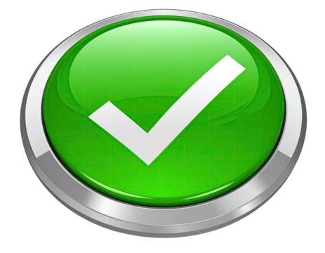 Shiny green button with a white checkmark inside a silver bezel - Powered by Adobe
