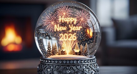 Ornate snow globe celebrating happy new year 2026 with glowing fireworks above a winter village scene