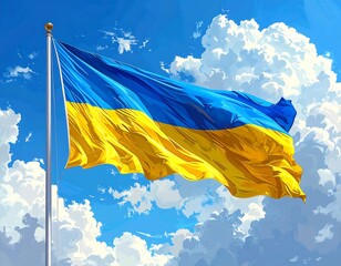 Illustration of a fluttering blue and yellow flag against a cloudy sky