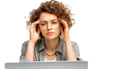 Frustrated woman with curly hair, wearing glasses, sitting at a laptop with a stressed expression, isolated on a white background.
