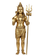 Antique gold finish statue of Lord Shiva standing with a trident and water pot, featuring intricate texturing on the garment.