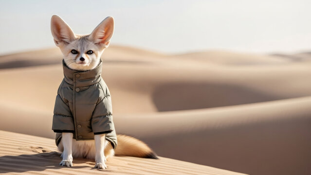 Fennec fox with big ears wearing a puffer jacket sitting on warm?? dunes. Cute pet animal in winter clothing