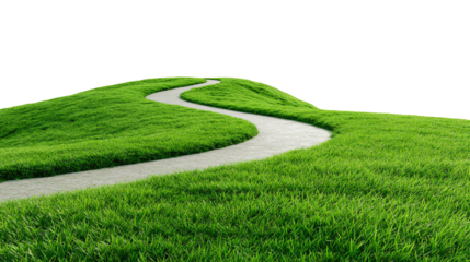 A winding concrete path runs through vibrant green grass hills, inviting exploration and tranquility amidst nature's beauty.