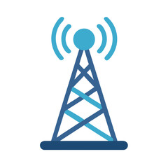 Signal tower broadcasting communication waves in light and dark blue, isolated on black