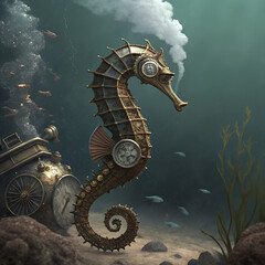 Steampunk seahorse with intricate gears and clockwork details swimming in a mysterious underwater world.