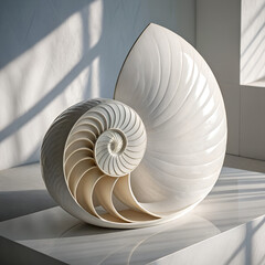 Elegant white nautilus shell sculpture showcasing its intricate spiral chambers and natural beauty.