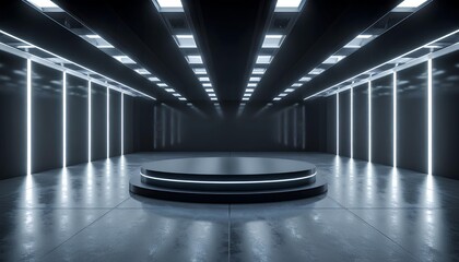 Modern futuristic underground corridor with symmetrical architecture and dramatic lighting, perfect for sci-fi concepts, technology backgrounds, and digital environments.