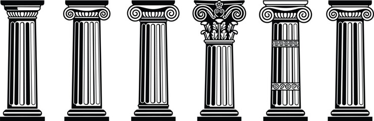 Obraz premium Set of Six Greek Roman Architectural Columns Icon, Classic Capital and Ancient Pillar Collection, Historical Building Design Element Outline, Heritage and Structure Cad Drawing