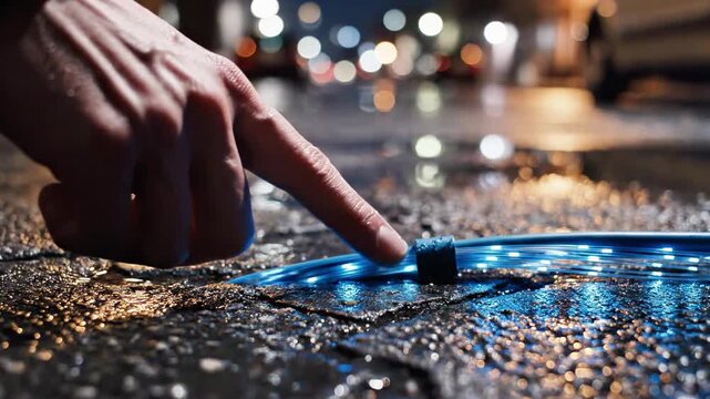 A person's index finger pointing at a small glowing blue cube on a wet street at night
