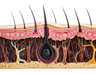 Cross-section illustration of skin layers with hair follicles