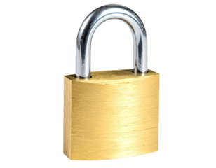 Shiny golden metal padlock with silver hoop against a transparent background