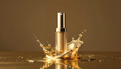 Luxury cosmetics product emerging from liquid gold splash, reflective surface, dark studio lighting, high contrast glamour