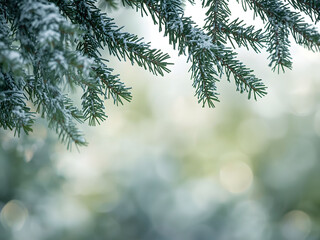 Obraz premium Snow covered evergreen pine branch with soft bokeh light, winter nature background ideal for seasonal design, calm atmosphere and cold weather mood 