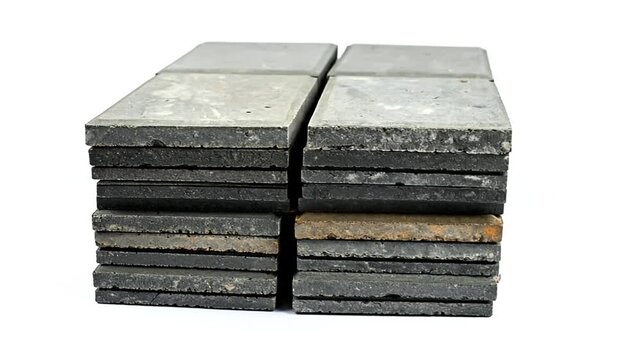Several stacks of rectangular, weathered, gray and brown stone tiles arranged on a white backdrop