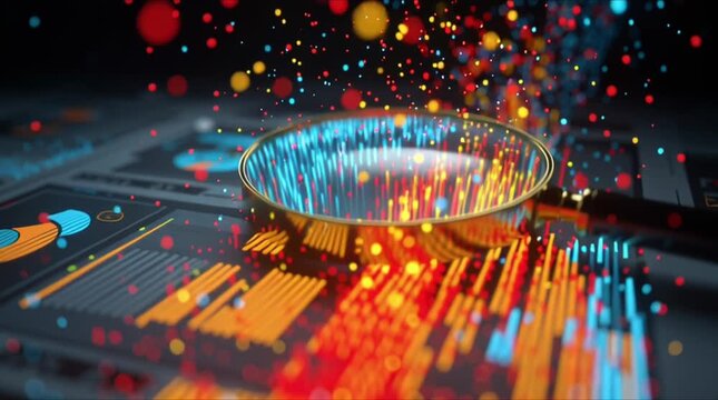 Animated financial documents transforming into colorful particle streams, magnifying glass highlighting irregularities, anomalies glowing scattering, data visualization, forensic accounting, fraud 4k