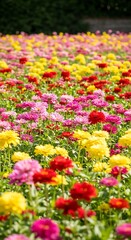 A vibrant field blooms, awash with a tapestry of red, yellow, and pink flowers in a sunny, verdant outdoor scene