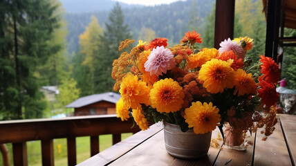 Obraz premium autumn flowers in pots on the balcony of the chalet, view of the autumn mountains from the hotel on a trip in October
