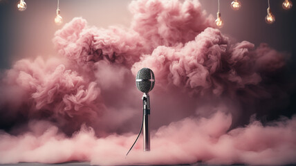 Vintage microphone among glamorous pink clouds karaoke concept