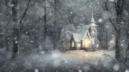 christmas greeting card, church in the forest decorated with glowing garlands in winter, new year  postcard, abstract background copy space