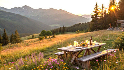Rustic mountain table at sunset