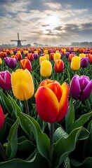 A vibrant field of colorful tulips under a cloudy sky with a traditional windmill in the background, illuminated by sunlight