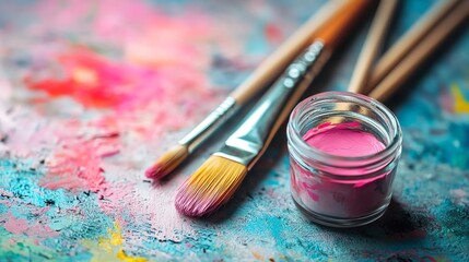 Fototapeta premium Artistic tools with vibrant paint textures.