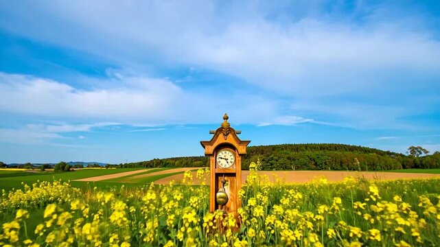 A vintage wooden clock stands in a field of yellow flowers, under a blue sky. Rural landscape