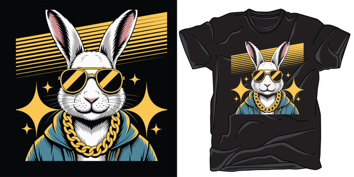 Cool gangster rabbit in sunglasses with a gold chain t-shirt design vector illustration